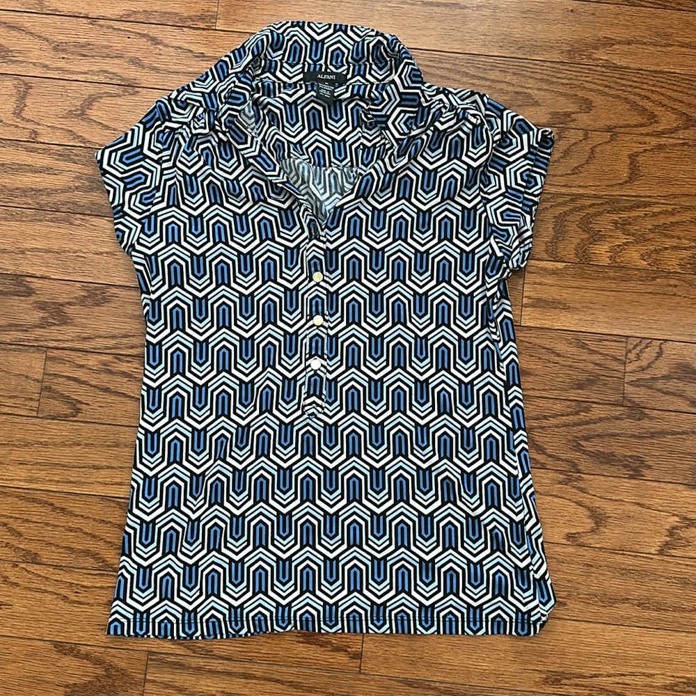 Alfani Blue, Black, and White Geometric Button Down Shirt